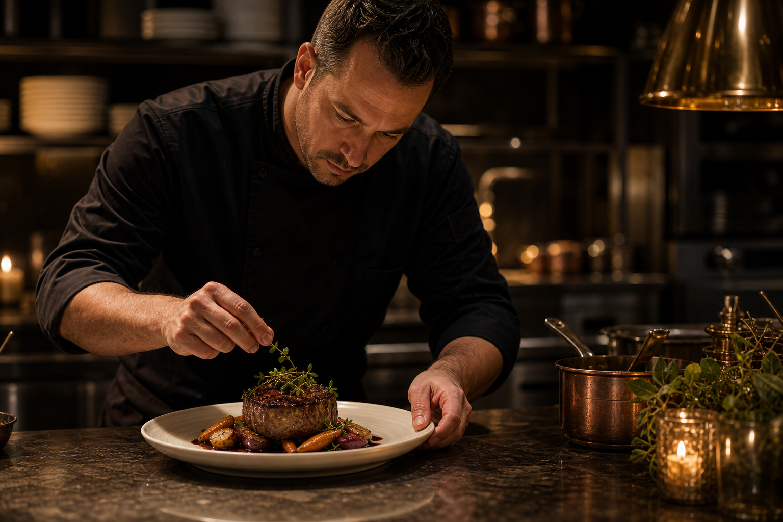 Chef Ted plating an entree in a refined kitchen