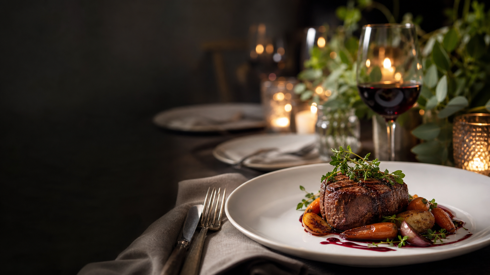 A refined plated entree at a candlelit private dinner table