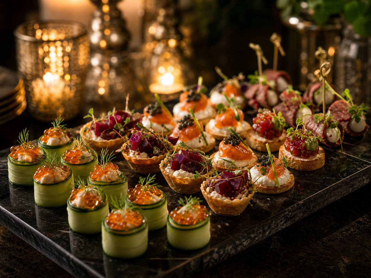 Lavish tray of passed appetizers with jewel-toned garnish